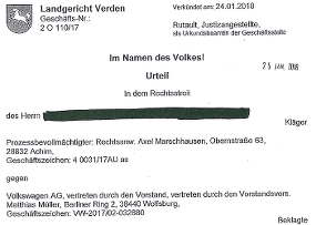 Urteil vom Landgericht Verden zum VW Abgasskandal