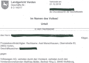 Urteil vom Landgericht Verden zum VW Abgasskandal