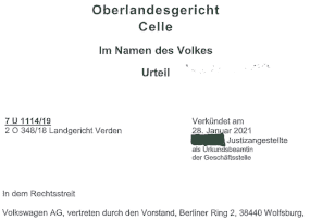 Urteil vom Oberlandesgericht Celle zum VW Abgasskandal