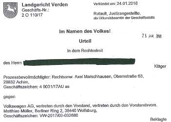 Urteil vom Landgericht Verden zum VW Abgasskandal